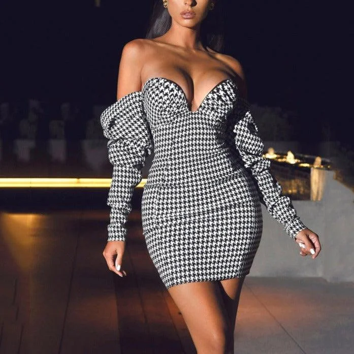 Mini dresses with V - necklines for a flattering shape KittenAlarm - Andi Allover Houndstooth Off Shoulder Dress Mini dresses with V - necklines for a flattering shape KittenAlarm - Andi Allover Houndstooth Off Shoulder Dress