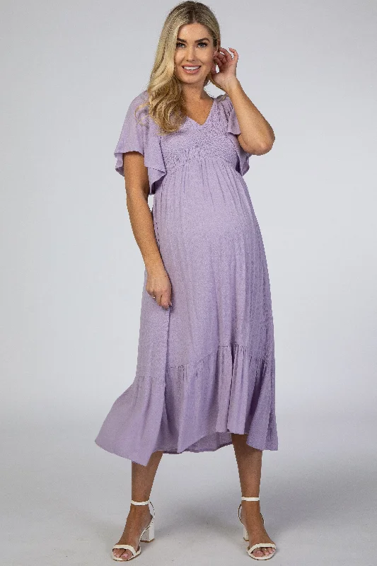 Maternity dress for a baby's first visit to the flower garden Lavender Smocked Ruffle Maternity Dress Maternity dress for a baby's first visit to the flower garden Lavender Smocked Ruffle Maternity Dress