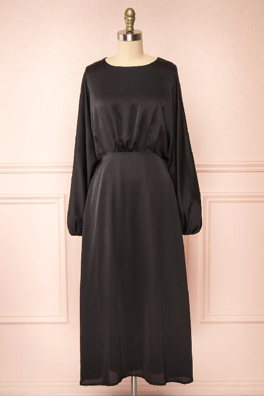 Midi dresses with ribbed textures for a unique and tactile appearance Reneane Black | Long Sleeve Midi A-Line Dress Midi dresses with ribbed textures for a unique and tactile appearance Reneane Black | Long Sleeve Midi A-Line Dress