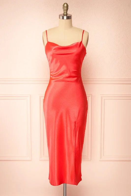 Midi dresses with lace - up fronts for a unique and adjustable style Jordy | Coral-Red Satin Midi Dress w/ Slit Midi dresses with lace - up fronts for a unique and adjustable style Jordy | Coral-Red Satin Midi Dress w/ Slit