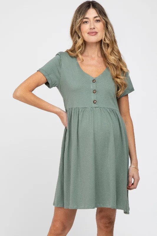 Maternity dress for a coastal vacation Olive Button Front Basic Maternity Dress