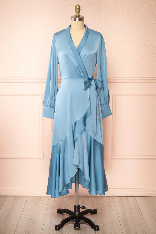 Midi dresses with ruffled hems for a romantic date night Akamari | Long Satin Blue Wrap Dress Midi dresses with ruffled hems for a romantic date night Akamari | Long Satin Blue Wrap Dress