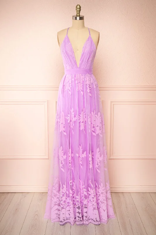 Wrap - style midi dresses in silk for a sophisticated office look Kailania Lavender | Plunging Neckline Mesh Maxi Gown Wrap - style midi dresses in silk for a sophisticated office look Kailania Lavender | Plunging Neckline Mesh Maxi Gown