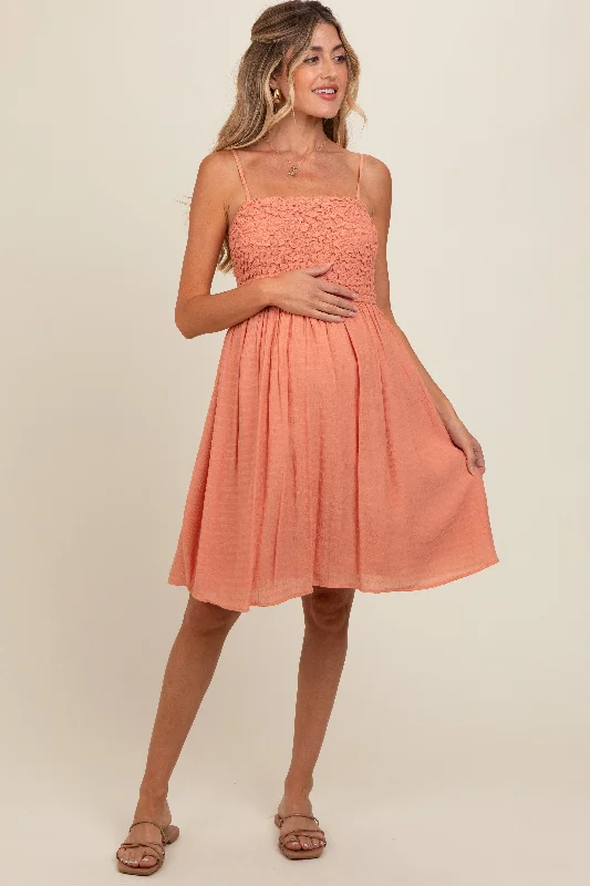 Maternity dress for a baby's first visit to the children's garden Salmon Textured Smocked Maternity Dress