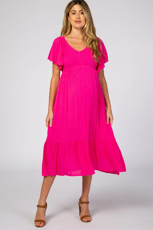 Maternity shift dress for casual outings Fuchsia Smocked Ruffle Maternity Dress