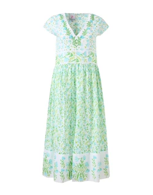 Petite Everyday Dress with Elastic Waistband​  Blue and Green Print Cotton Dress