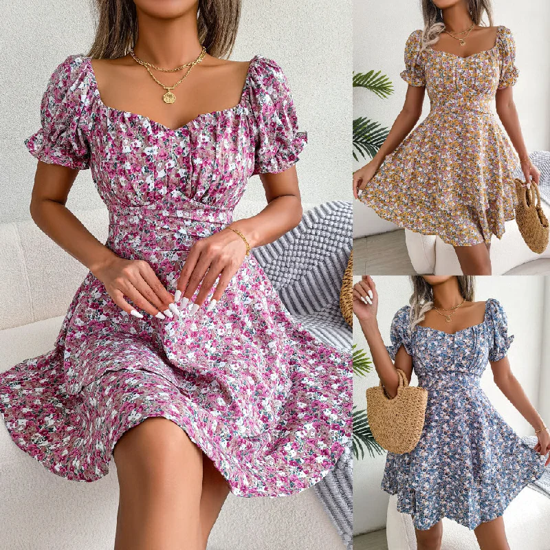 Everyday Short - sleeved Dress with Puffed Sleeves for a Retro Look Flower Beauty Mini Swing Dress Everyday Short - sleeved Dress with Puffed Sleeves for a Retro Look Flower Beauty Mini Swing Dress