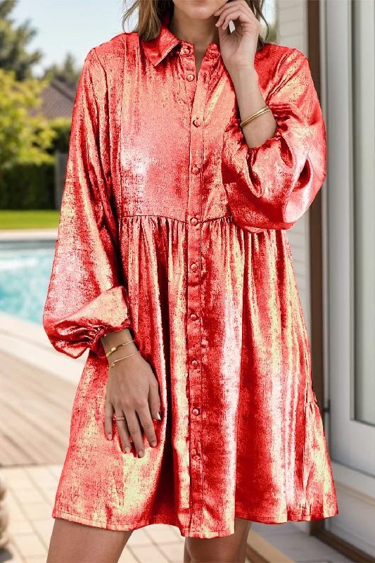   Unique  Metallic Style Mini Dress with Long Sleeves
