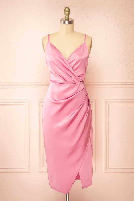 Midi dresses with ruched sleeves for a more fitted and stylish arm look Jazebelle | Pink Satin Midi Dress w/ Slit Midi dresses with ruched sleeves for a more fitted and stylish arm look Jazebelle | Pink Satin Midi Dress w/ Slit