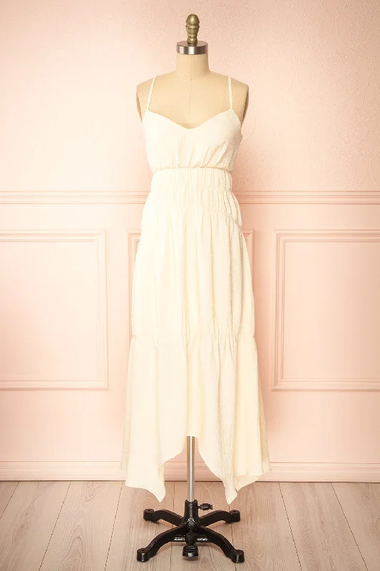 Midi dresses with sheer panels for a touch of allure Laurelou | Ruched Cream Midi Dress w/ Thin Straps Midi dresses with sheer panels for a touch of allure Laurelou | Ruched Cream Midi Dress w/ Thin Straps