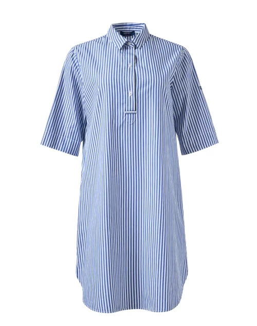 Everyday Dress with Embroidered Patches for a Bohemian Look Leonie Blue and White Striped Cotton Shirt Dress Everyday Dress with Embroidered Patches for a Bohemian Look Leonie Blue and White Striped Cotton Shirt Dress
