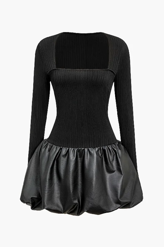Mini dresses with side slits for a sexy appeal PU Patchwork Ruched Square Neck Mini Dress Mini dresses with side slits for a sexy appeal PU Patchwork Ruched Square Neck Mini Dress