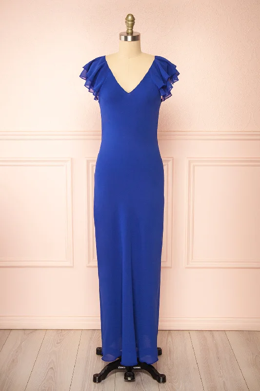 Midi dresses with satin - finish fabrics for a luxurious feel Fieria | Blue Maxi Dress w/ Ruffled Sleeves Midi dresses with satin - finish fabrics for a luxurious feel Fieria | Blue Maxi Dress w/ Ruffled Sleeves