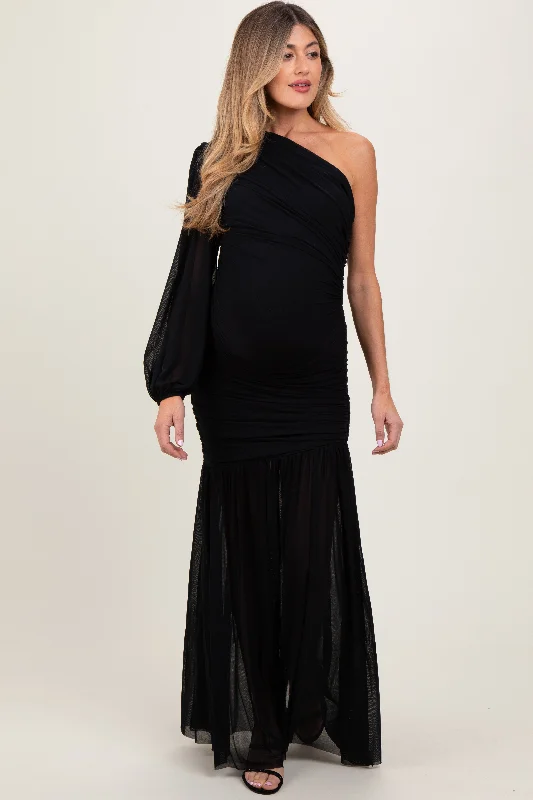 Maternity dress for a baby's first visit to the sensory garden Black Ruched Mesh One Shoulder Asymmetric Maternity Maxi Dress