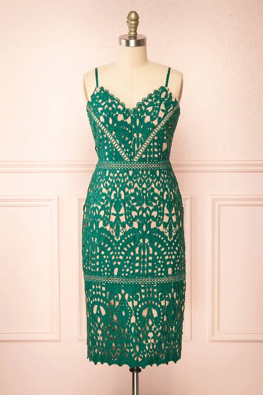 Sleeveless midi dresses with lace details for summer weddings Indira | Fitted Midi Green Crocheted Lace Dress Sleeveless midi dresses with lace details for summer weddings Indira | Fitted Midi Green Crocheted Lace Dress