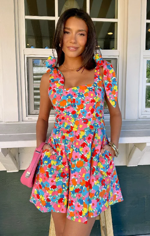 Mini dresses with pom - pom trims for a playful feel Claire Mini Dress ~ Bright Begonias Mini dresses with pom - pom trims for a playful feel Claire Mini Dress ~ Bright Begonias