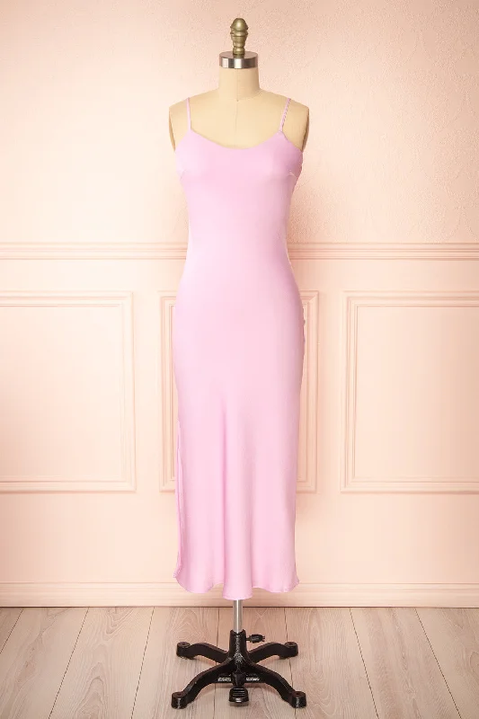Midi dresses with cold - shoulder cutouts for a trendy style Rebby Pink | Silky Fitted Midi Dress Midi dresses with cold - shoulder cutouts for a trendy style Rebby Pink | Silky Fitted Midi Dress