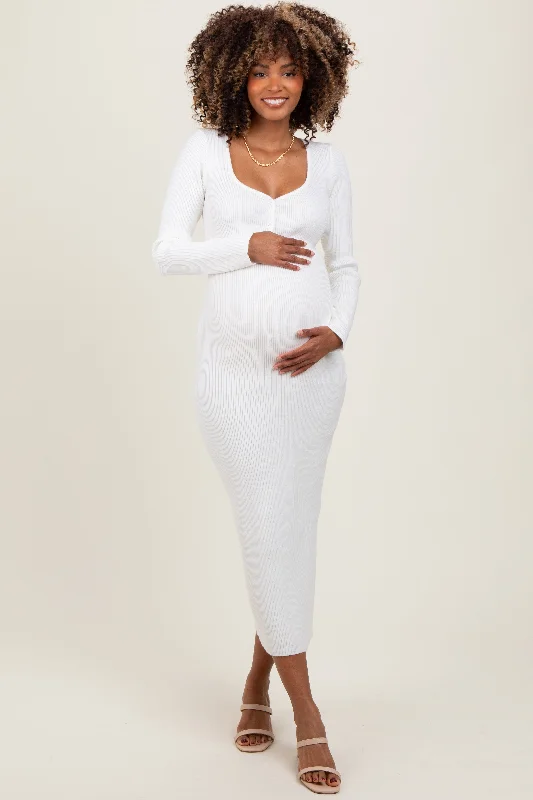 A - line maternity dress for a flattering fit White Henley Ribbed Maternity Midi Sweater Dress A - line maternity dress for a flattering fit White Henley Ribbed Maternity Midi Sweater Dress