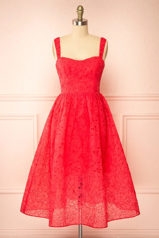 Midi dresses with animal prints for a bold and confident appearance Maeva | Red Midi Dress w/ Floral Embroidery Midi dresses with animal prints for a bold and confident appearance Maeva | Red Midi Dress w/ Floral Embroidery