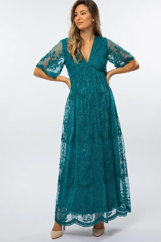 Maternity dress for a baby's first visit to the orchard Teal Lace Mesh Overlay Maternity Maxi Dress Maternity dress for a baby's first visit to the orchard Teal Lace Mesh Overlay Maternity Maxi Dress