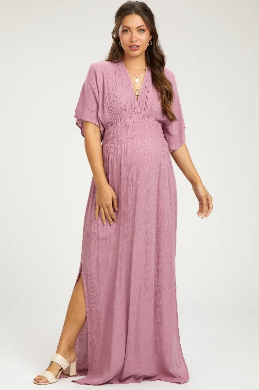 Maternity dress for a friend's wedding as a guest Mauve Lightweight Deep V-Neck Maternity Maxi Dress Maternity dress for a friend's wedding as a guest Mauve Lightweight Deep V-Neck Maternity Maxi Dress
