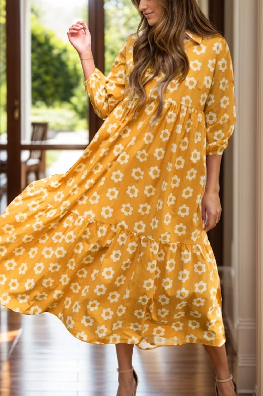 Everyday A - line Dress with Button - down Front Floral Collared Neck Three-Quarter Sleeve Dress Everyday A - line Dress with Button - down Front Floral Collared Neck Three-Quarter Sleeve Dress