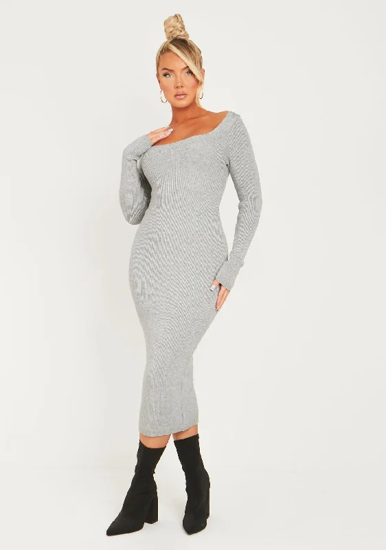   Kim Light Grey Knit Square Neck Long Sleeve Midi Dress