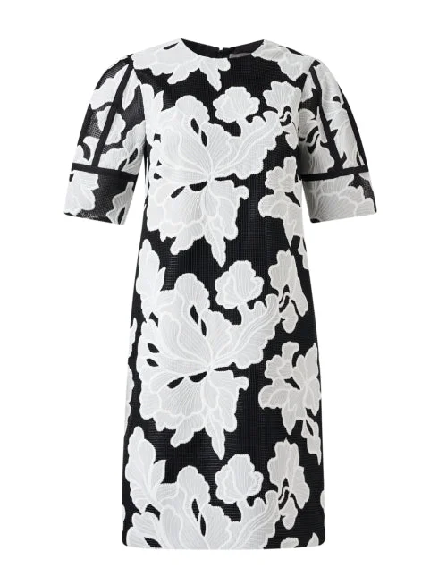 Everyday Dress with Printed Bodice and Solid - color Skirt for a Balanced Look Black and White Floral Embroidered Dress Everyday Dress with Printed Bodice and Solid - color Skirt for a Balanced Look Black and White Floral Embroidered Dress
