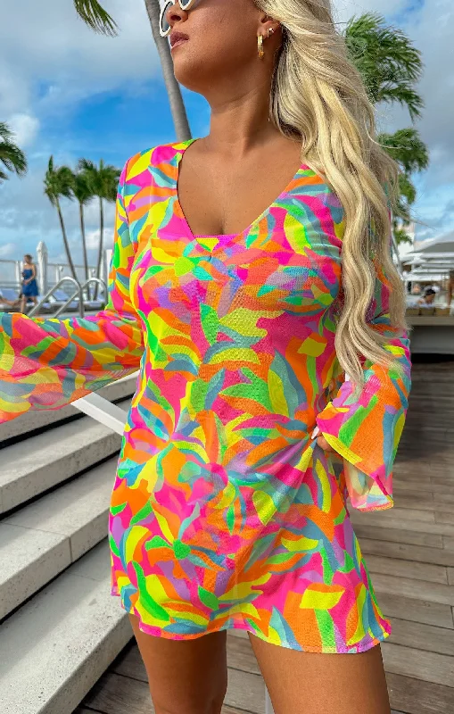 Mini dresses with button - down fronts Santos Mini Cover Up ~ Neon Tropics