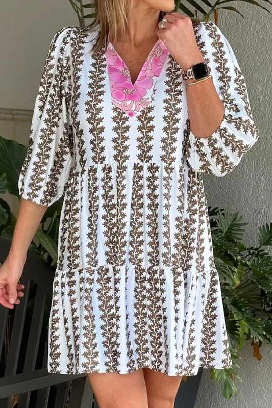 Comfortable Everyday Dress for Plus - size Women Printed Notched 3/4 Sleeve Mini Dress Comfortable Everyday Dress for Plus - size Women Printed Notched 3/4 Sleeve Mini Dress