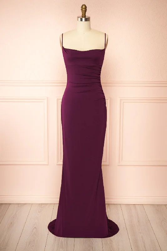 Midi dresses with keyhole backs for a flirty and unexpected detail Nayla Purple | Mermaid Maxi Dress w/ Open Back Midi dresses with keyhole backs for a flirty and unexpected detail Nayla Purple | Mermaid Maxi Dress w/ Open Back