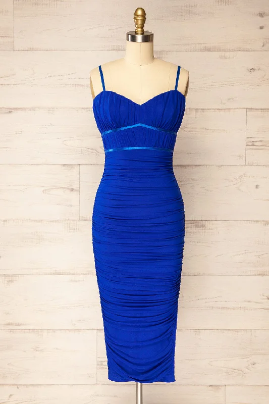Sheath midi dresses with beaded embellishments for a formal occasion Rilievo Blue | Ruched Fitted Midi Dress Sheath midi dresses with beaded embellishments for a formal occasion Rilievo Blue | Ruched Fitted Midi Dress