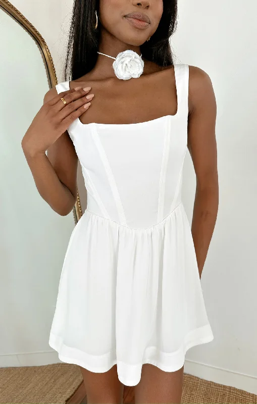 Mini dresses with cold - shoulder designs Nina Skort Dress ~ White Silky Crepe