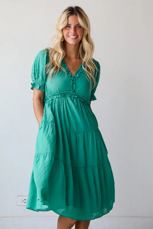 Everyday Dress with Keyhole Back for a Stylish Detail FINAL SALE - Exquisite Potential Green Tiered Midi Dress Everyday Dress with Keyhole Back for a Stylish Detail FINAL SALE - Exquisite Potential Green Tiered Midi Dress