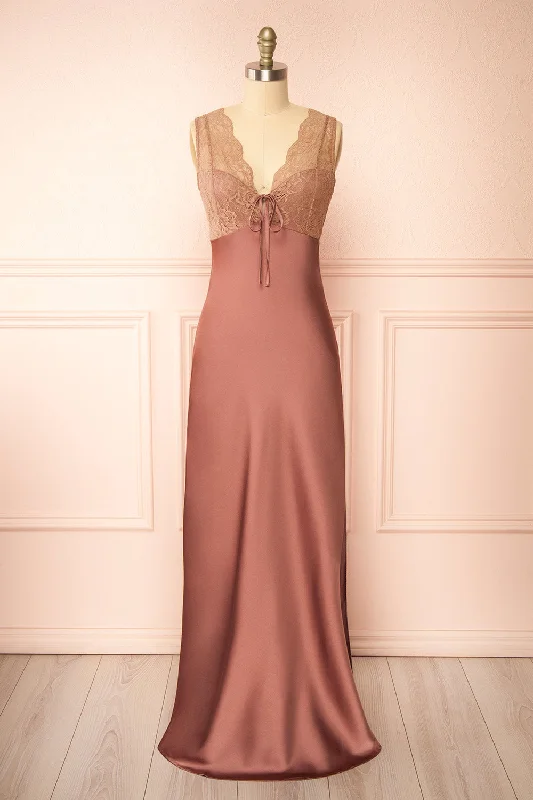 Midi dresses with tassel accents for a bohemian and free - spirited style Evara Mauve | Maxi Satin Slip Dress w/ Lace Midi dresses with tassel accents for a bohemian and free - spirited style Evara Mauve | Maxi Satin Slip Dress w/ Lace