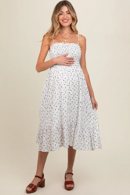 Maternity jersey dress for comfort White Floral Smocked Sleeveless Maternity Midi Dress Maternity jersey dress for comfort White Floral Smocked Sleeveless Maternity Midi Dress