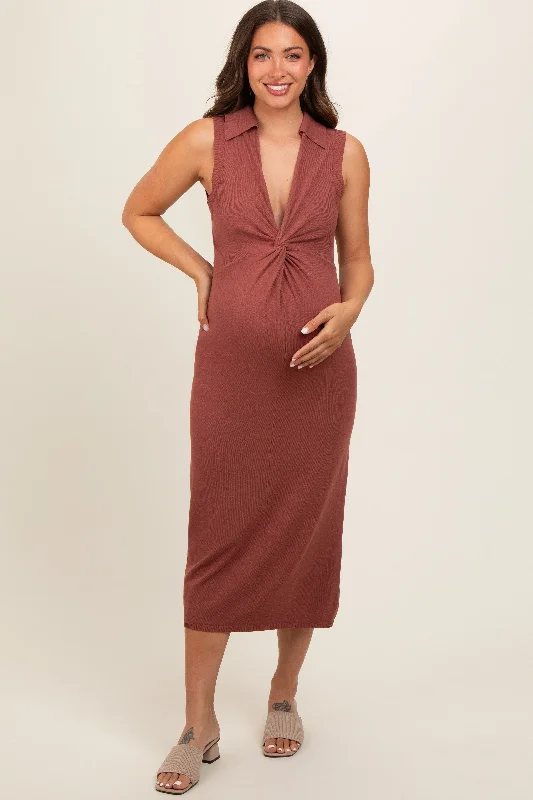 Maternity dress for a baby's baptism Brown Collared Sleeveless Twist Knit Maternity Midi Dress Maternity dress for a baby's baptism Brown Collared Sleeveless Twist Knit Maternity Midi Dress