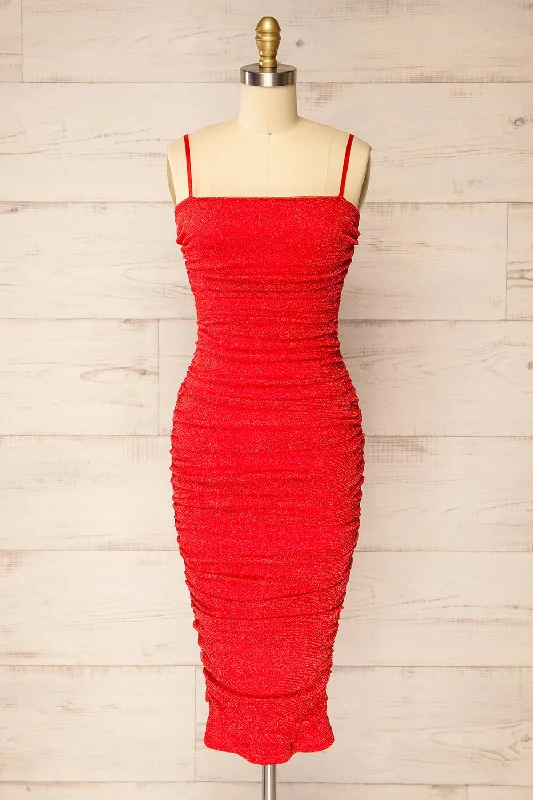 Midi dresses with sheer panels for a touch of allure Baku Red | Fitted Ruched Sparkly Midi Dress Midi dresses with sheer panels for a touch of allure Baku Red | Fitted Ruched Sparkly Midi Dress