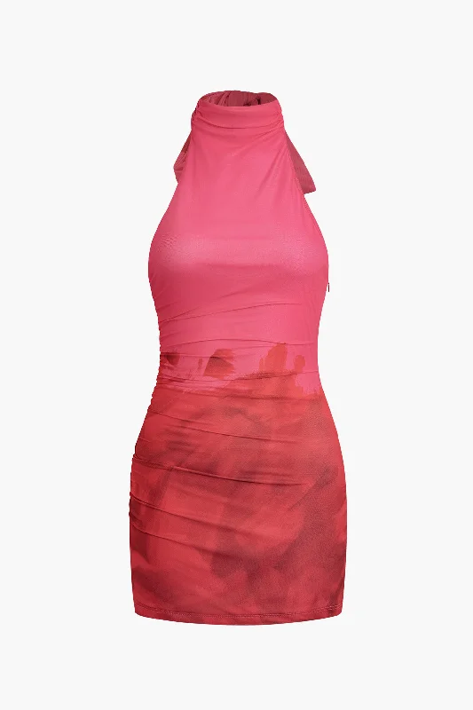 Ruffled mini dresses for a romantic touch Tie Dye Halter Backless Ruched Mini Dress
