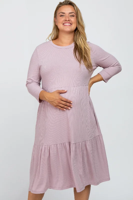Maternity dress for a Christmas party Lavender Tiered Ribbed 3/4 Sleeve Plus Maternity Midi Dress Maternity dress for a Christmas party Lavender Tiered Ribbed 3/4 Sleeve Plus Maternity Midi Dress