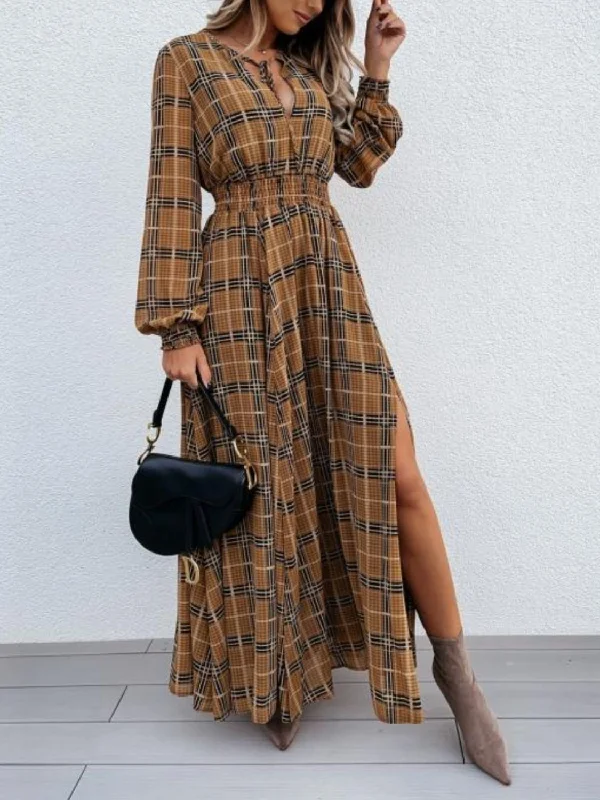Everyday Dress with Beaded Embellishments for a Luxurious Look Camel Brown Maxi Dress with Slit Plaid Tie Neck & Long Sleeves Everyday Dress with Beaded Embellishments for a Luxurious Look Camel Brown Maxi Dress with Slit Plaid Tie Neck & Long Sleeves