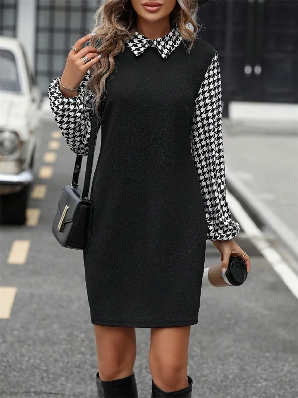 Everyday Dress with Personalized Embroidery for a One - of - a - Kind Look Houndstooth Collared Neck Long Sleeve Mini Dress Everyday Dress with Personalized Embroidery for a One - of - a - Kind Look Houndstooth Collared Neck Long Sleeve Mini Dress