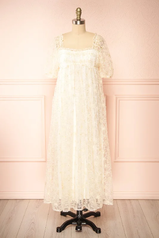 Midi dresses with lace - up fronts for a unique and adjustable style Bambina | Maxi Babydoll Dress w/ Embroidered Tulle Midi dresses with lace - up fronts for a unique and adjustable style Bambina | Maxi Babydoll Dress w/ Embroidered Tulle