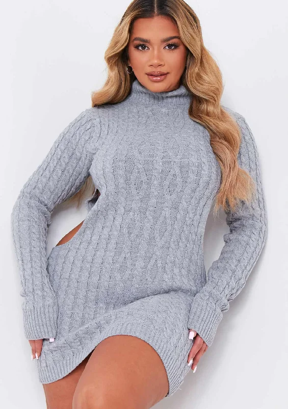 Everyday Silk - like Dress with Flowy Skirt​  Cecilia Grey Cut Out Knitted Dress