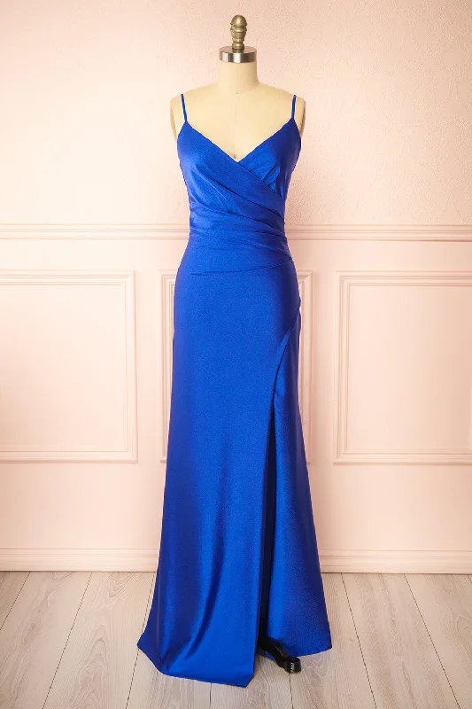 Midi dresses with cotton - blend materials for everyday comfort Nyra Blue | Mermaid Dress w/ Wrapped Bodice Midi dresses with cotton - blend materials for everyday comfort Nyra Blue | Mermaid Dress w/ Wrapped Bodice