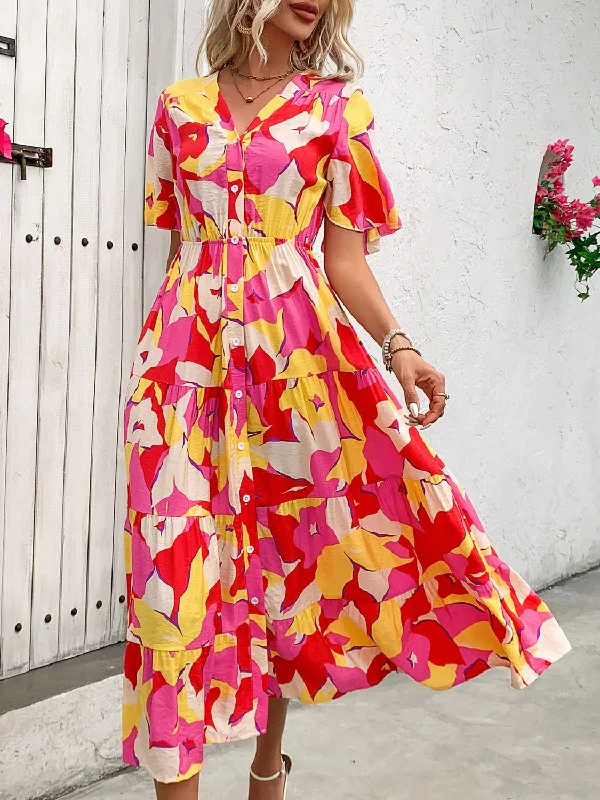 Casual Everyday Dress for Women in Cotton Everyday Denim Dress with Distressed Details Printed V-Neck Flutter Sleeve Midi Dress Casual Everyday Dress for Women in Cotton Everyday Denim Dress with Distressed Details Printed V-Neck Flutter Sleeve Midi Dress
