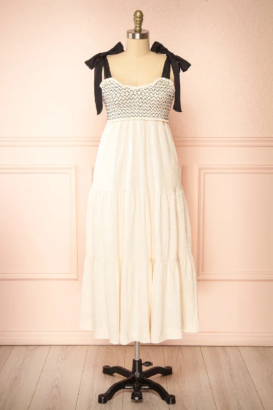 Midi dresses with satin - finish fabrics for a luxurious feel Phedre | Long Ivory Dress w/ Ruched Bust Midi dresses with satin - finish fabrics for a luxurious feel Phedre | Long Ivory Dress w/ Ruched Bust