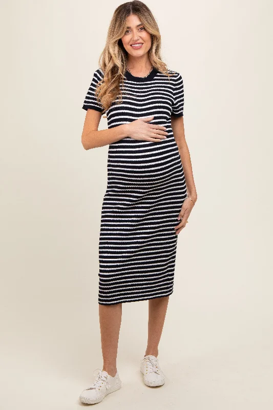 Maternity dress for a spring flower show Navy Striped Knit Maternity Midi Dress
