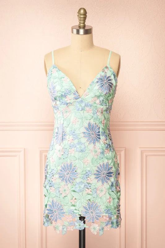 A - line midi dresses with floral prints for spring brunches Lacrymonia | Short Teal Floral Lace Dress