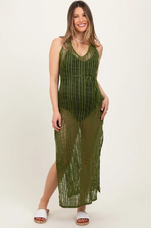 Maternity dress for a baby's first visit to the wildlife sanctuary Olive Crochet V-Neck Side Slit Maternity Cover Up Maternity dress for a baby's first visit to the wildlife sanctuary Olive Crochet V-Neck Side Slit Maternity Cover Up
